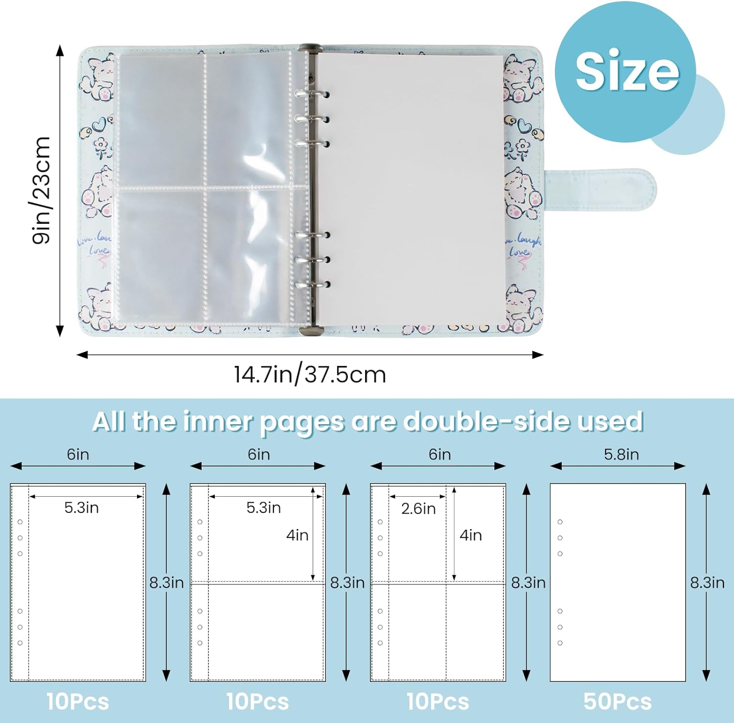 Reusable Sticker Book Collecting,A5 Binder Album Storage Organizer with Blank Release Paper and Pocket for Adult Kids,Cartoon Leather Binder Cover & Magnetic Buckle Closure(Blue)