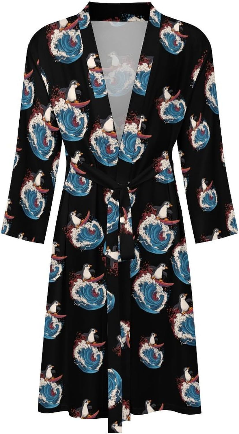 Penguins Surfing on Wave Mens Robe Long Bathrobe for Women Bath Robes Lightweight Soft Printed Sleepwear