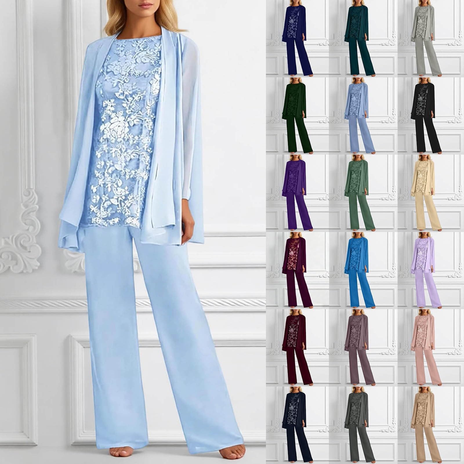 Ensemble Femme Chic et Elegant 3 Pièces Pantalons Costume De Soirée Cocktail Dentelle Costume Grande Taille Tenue