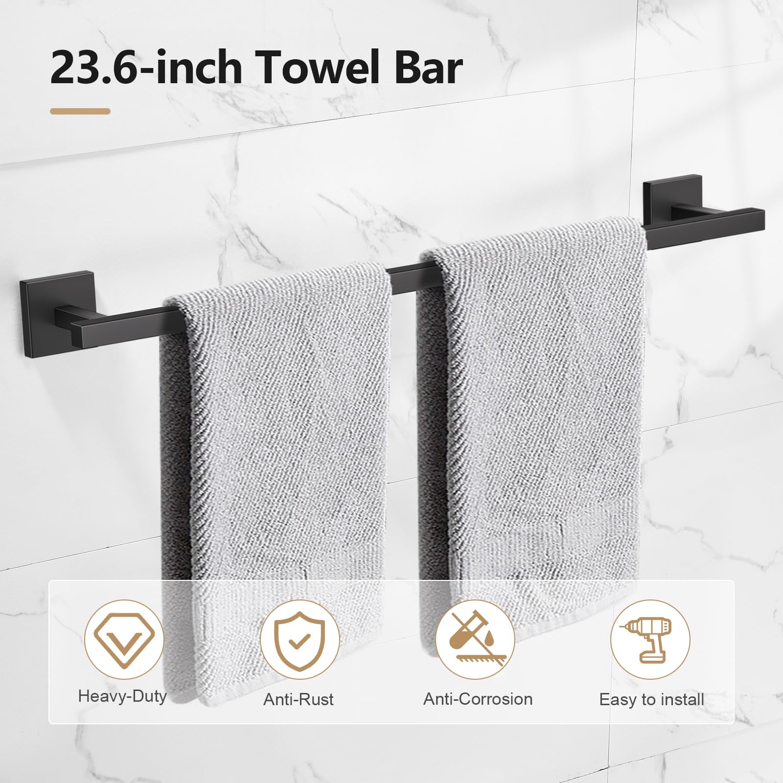 TQKAG 5-Pieces Matte Black Bathroom Hardware Accessories Set 23.6" SUS304 Stainless Steel Towel Bar Set Wall Mounted Square Toilet Paper Holder with Shelf — Amazon image 3