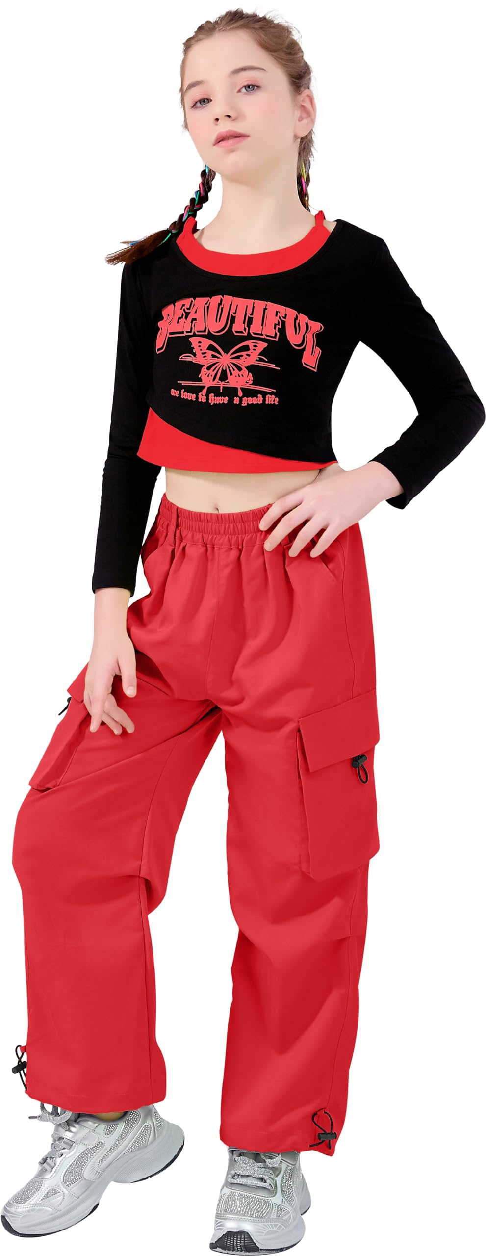 LOLANTA Conjunto Hip Hop para Niñas, Top Corto Estampado & Pantalones Cargo, Conjunto de Danza, Streetwear Moderno