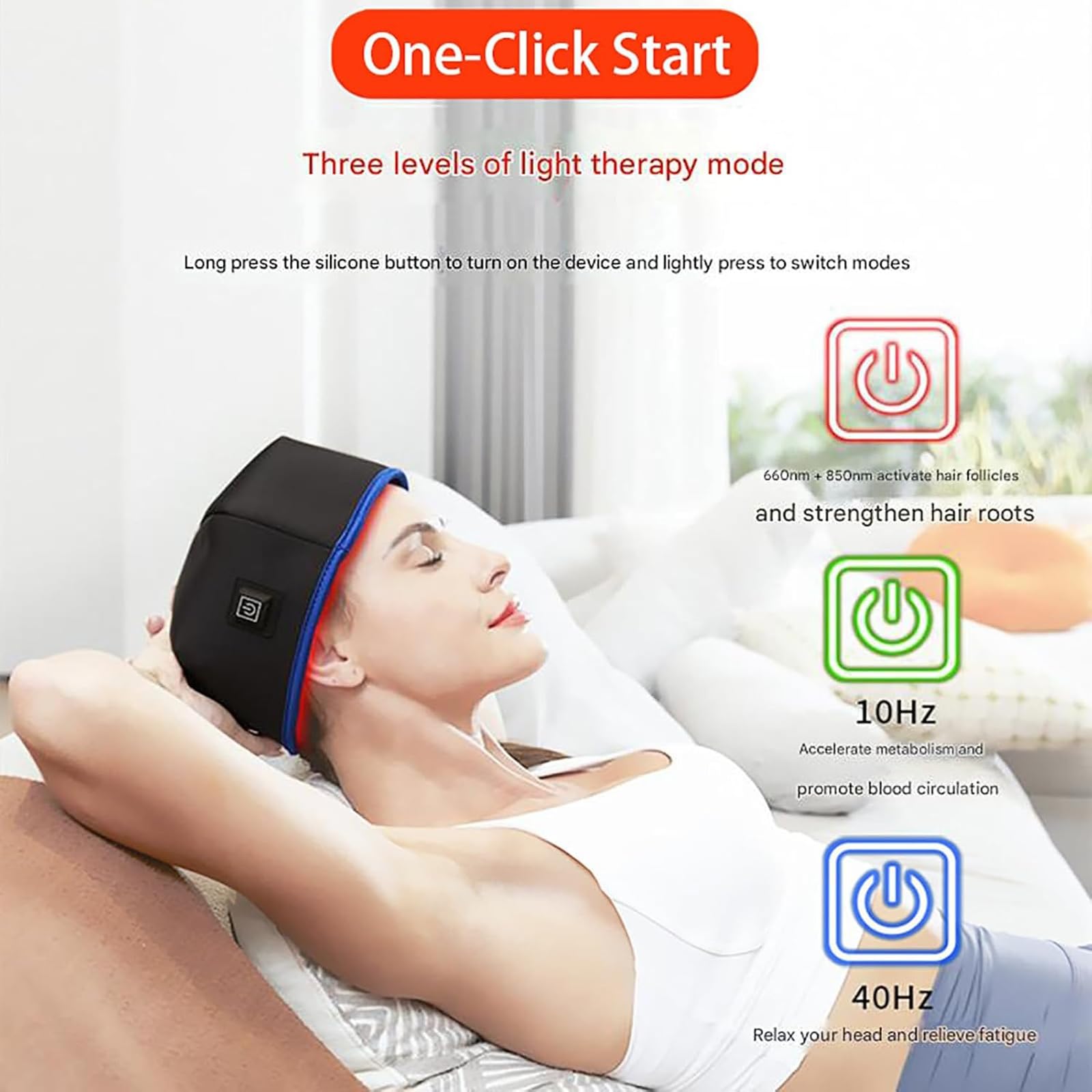 Terapia de crecimiento del cabello con luz roja, tapa infrarroja para el crecimiento del cabello, equipada con 120 luces LED de doble chip, 3 modos, alivia la fatiga