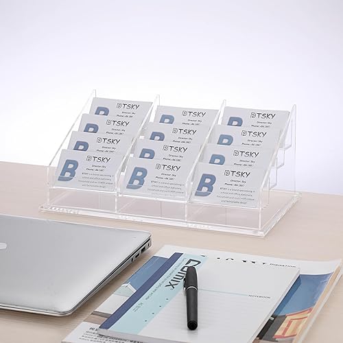 Miniatura 6 de BTSKY Tarjetero de acrílico transparente para escritorio, 4 niveles y 12 bolsillos, organizador de tarjetas de visita acrílicas, soporte para