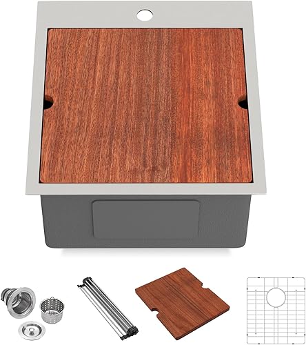 Miniatura 109 de Lordear - Fregadero de cocina encajado de 21 x 20 x 10 pulgadas, tipo bar, de acero inoxidable de calibre 16, con una sola cubeta, para exteriores