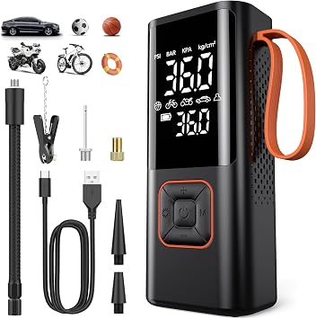 Tyre Inflator Portable Air Compressor, 150PSI Car Tyre Pump 7500mAh 5 Modes Auto Shut-Off Autopump w/ 5 Nozzles Flashlight Cordless Inflators Car Accessories for Car, Bike, Ball, Motorcycle
