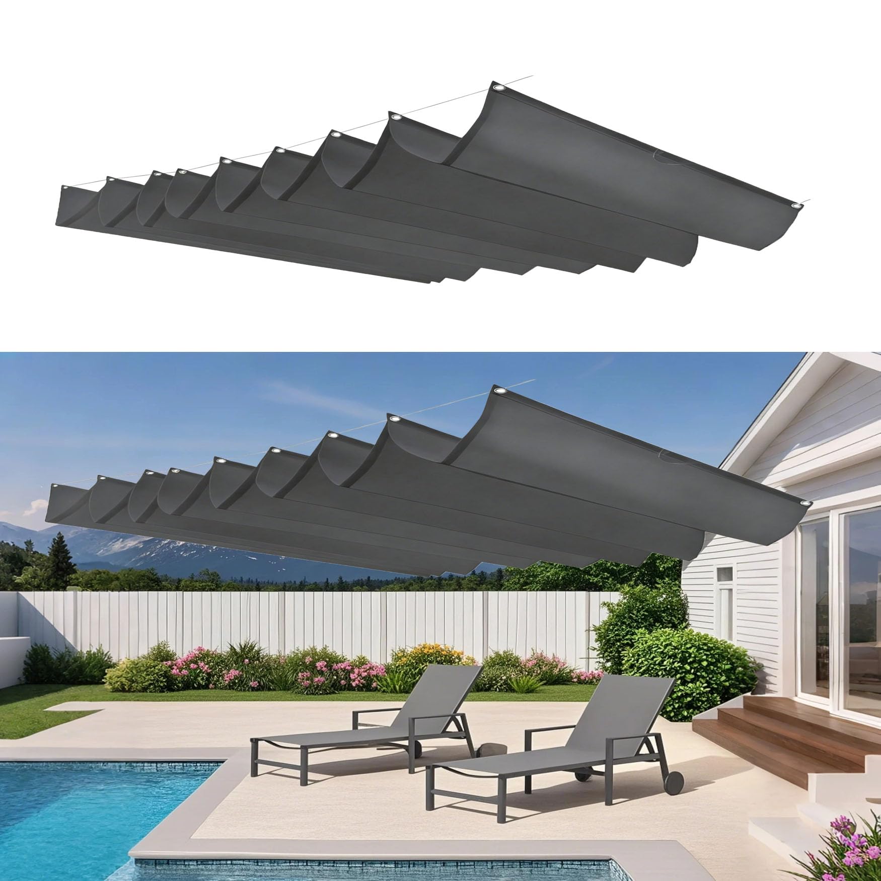 Voile ombrage rétractable vague 170x670 protection UV maximale, toile grise haute résistance