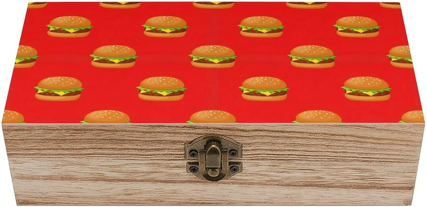 Wooden Memory Storage Box Organizer, Decorative Keepsake Case with Lid Red Hamburger Funny, Jewelry for Wedding Anniversary Souvenirs