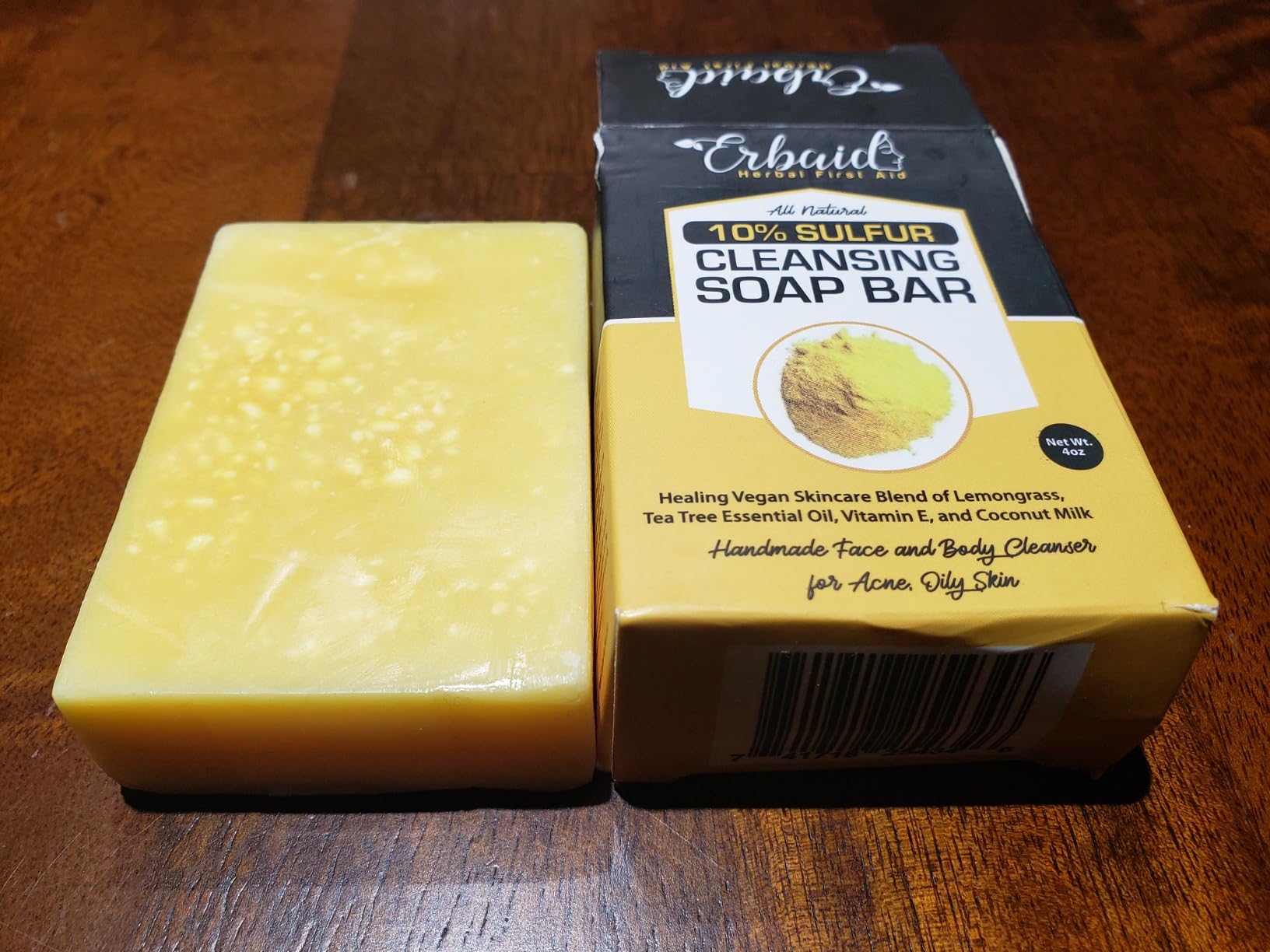 Erbaid 10% Sulfur Soap Cleansing Bar for Face & Body – All Natural Sulfur Facial Cleanser for Acne, Oily Skin – Skincare Blend of Lemongrass, Tea Tree Essential Oil, Vitamin E, Coconut Milk – Made in USA