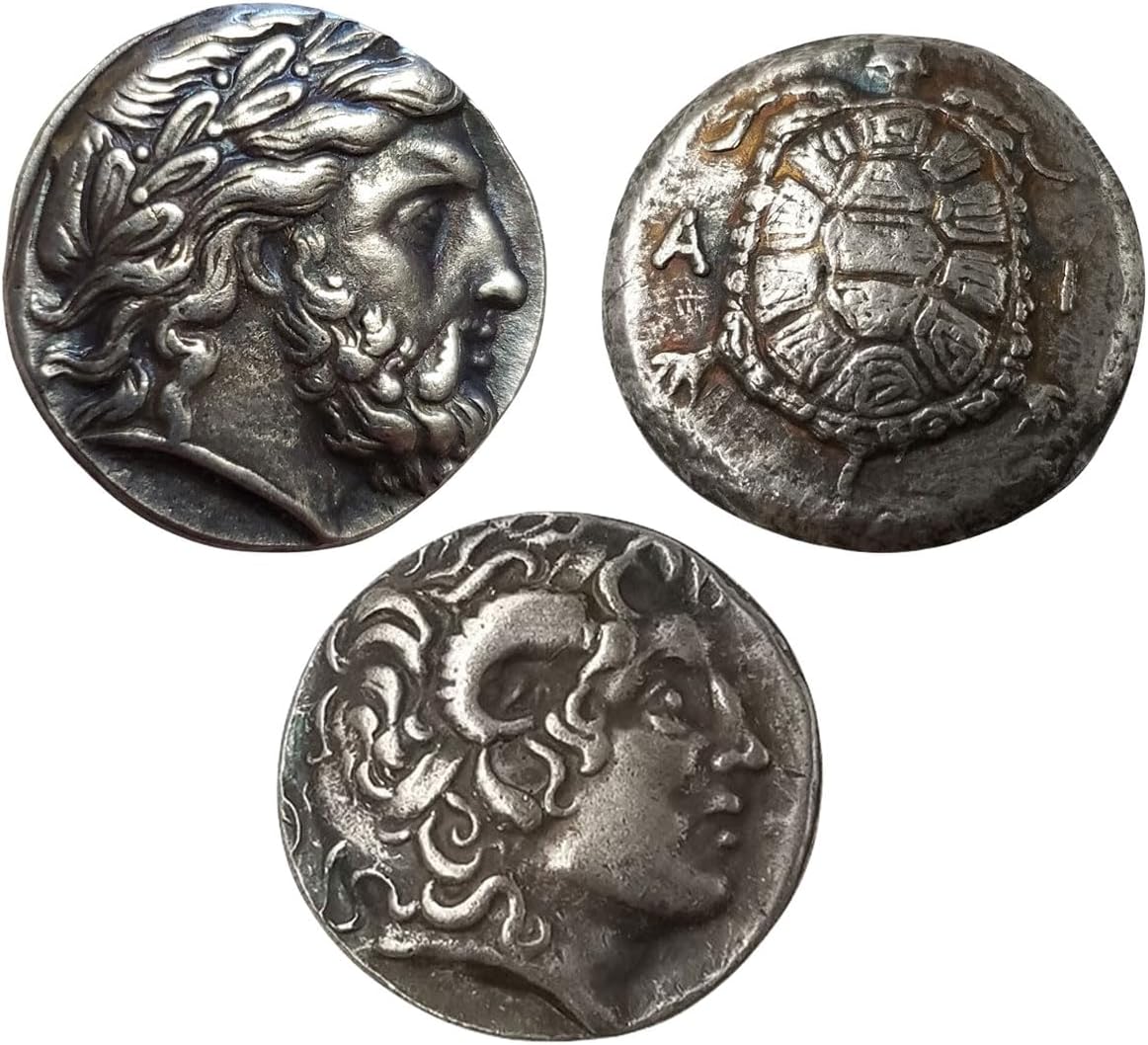 Silver Plated Ancient Greek Coins Alexander The Great Tetradrachm Islands of Attica Aegina Stater - Reproduction Replica for Collection - 3 Pieces