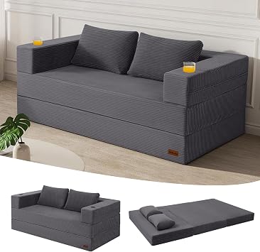 MeMoreCool Boneless Sofa Bed Queen, 94x59 in Extra Long Futon, Grey | Sleeper couch folds flat to 94 in, 14 in past a queen