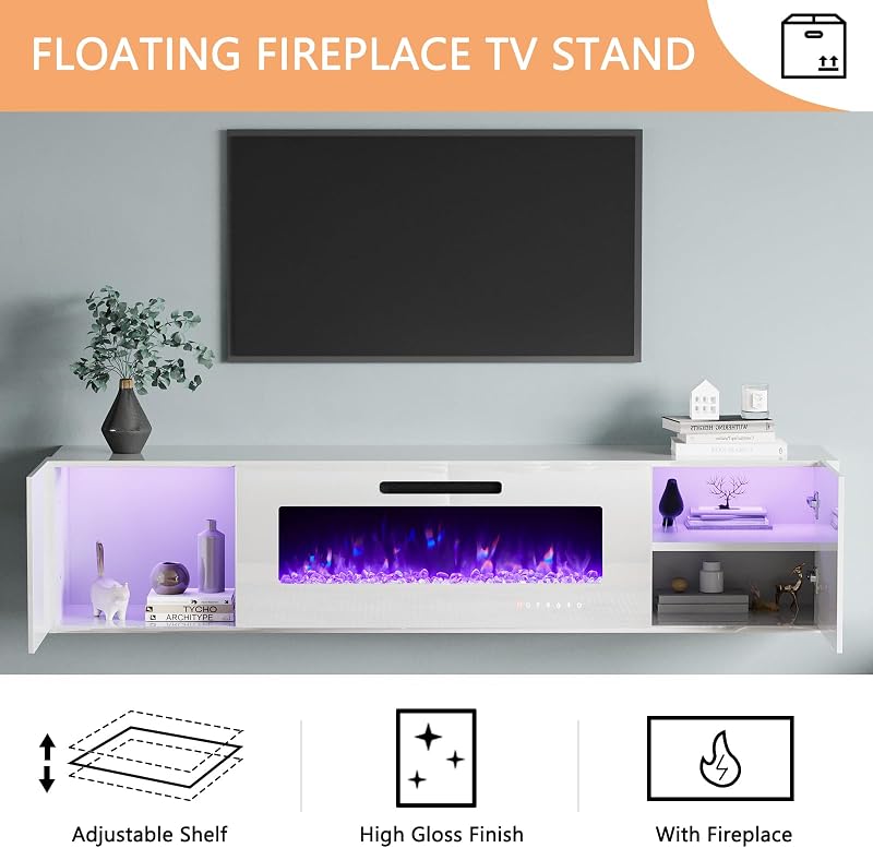 AMERLIFE Wall Unit Entertainment Center with 40" Electric Fireplace, Includes 80" Floating Fireplace TV Stand, 2 x Wall Cabinets, Modern LED Light Media Console Table for Living Room, All White image 5