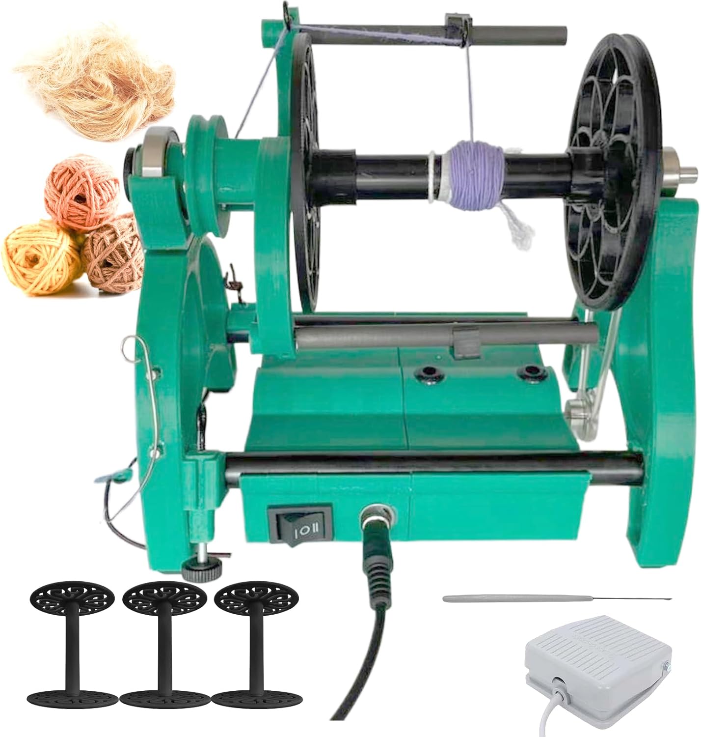 Electric Yarn Spinner Kit with Foot Controller & 3 Bobbins, Small Yarn Winder with Forward & Reverse