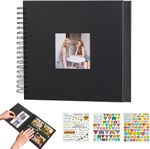 DIY Scrapbook Photo Album 17 x 17 cm, Spiral Bound Memory Book with 20 Sheets 40 Black Pages, Photo Window Cover and 4 Sticker Sheets for Travel, Wedding and Anniversary