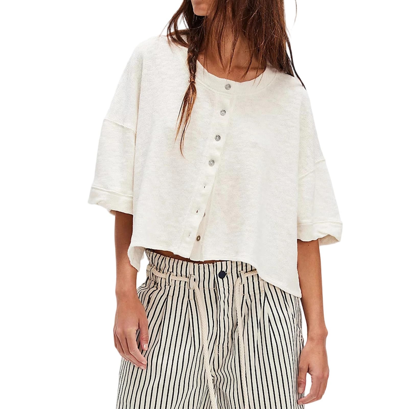 Womens Loose Fit Open Front Summer Thin Lightweight Tee Drop Shoulder 3/4 Wide Sleeve Y2K Streetwear Cardigan Crop Tops-image-34