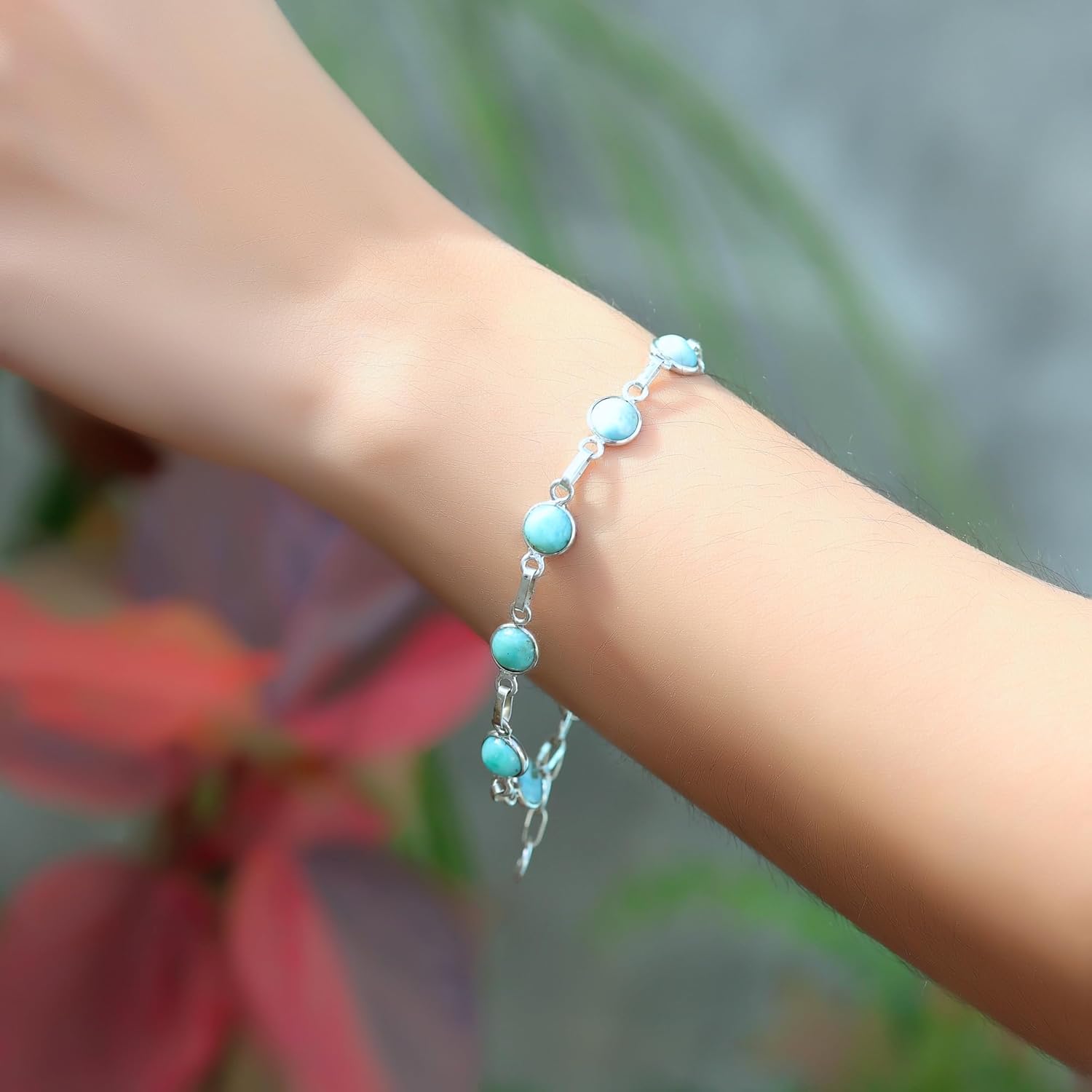 Larimar Bracelets 925 Silver For Women - Round Blue Gemstone Adjustable Handmade Link Bracelets For Her, 7.5"