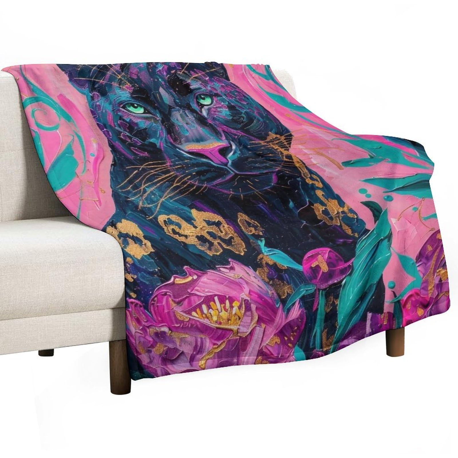 YHGSREUOH Black Panther with Peonies 02 Flannel Blankets Fleece Soft Throw Lightweight Plush Gifts for Couch, Bed, Cozy Sofa Plush, Chair, Lovers 130x150cm(50x60in)