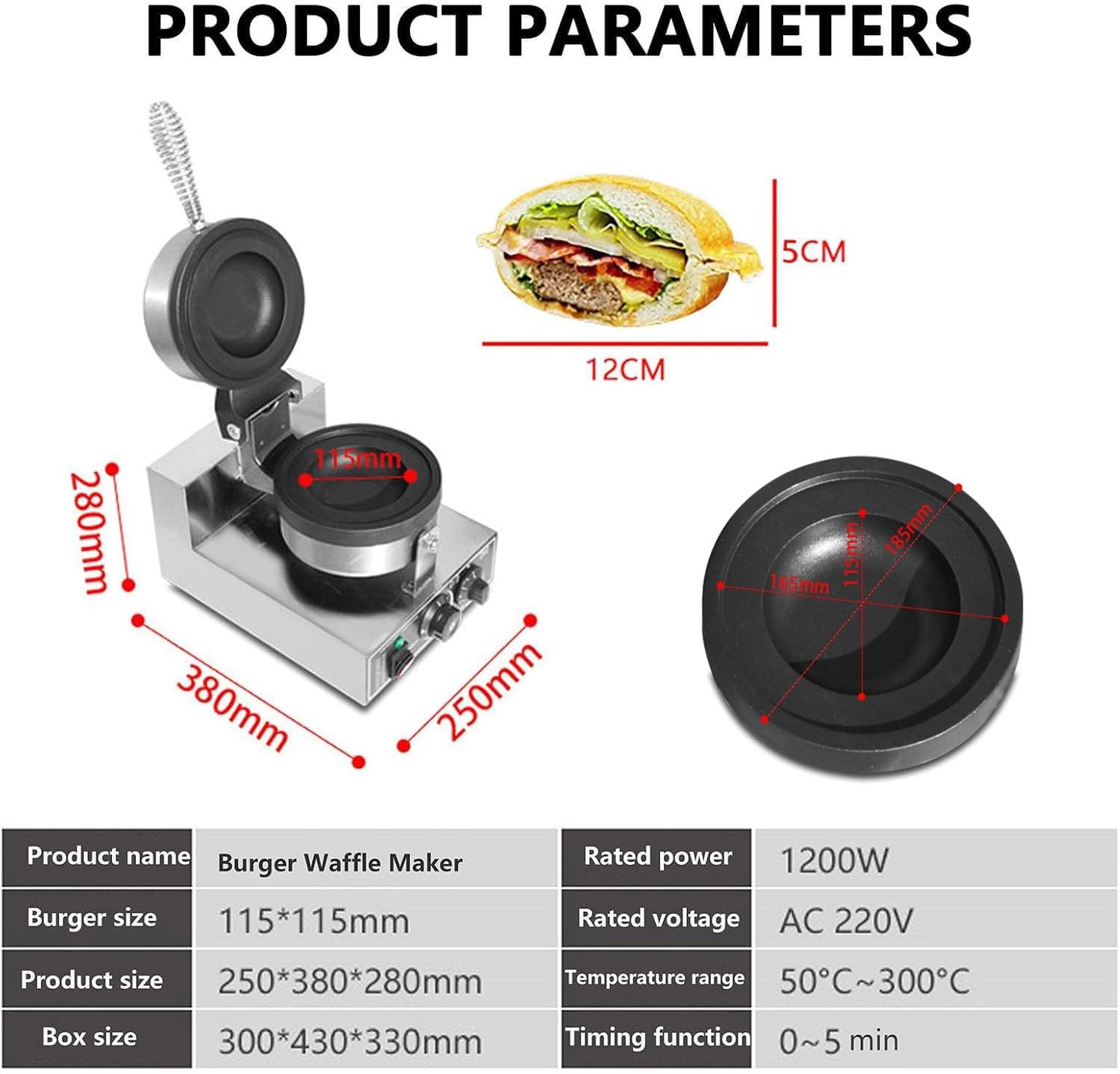 Gofrownica komercyjna do burgerów o mocy 1300 W, opiekacz do kanapek UFO z płytami nieprzywierającymi, 50–300°C do hamburgerów, panini i przekąsek
