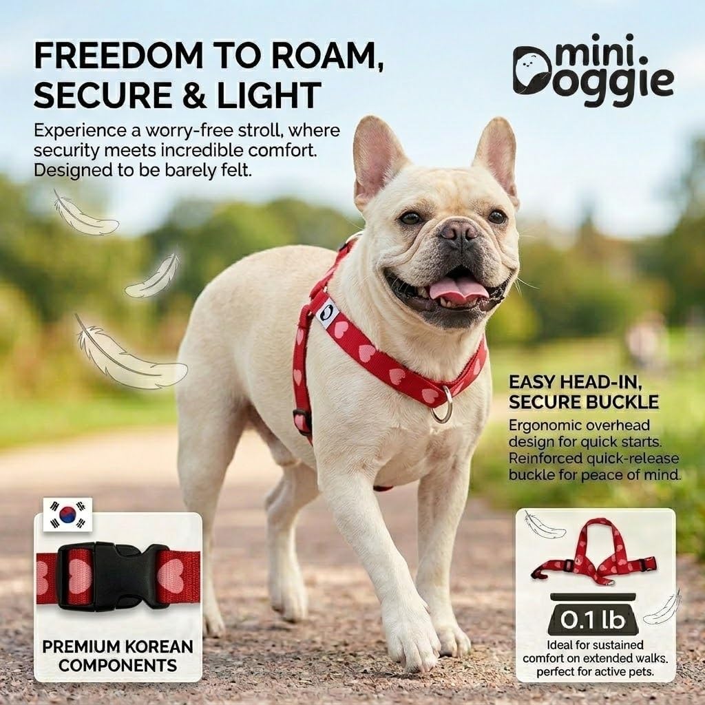 Heart Small Dog Harness – Soft Webbing, Front & Back Clip, No-Pull Design, Lightweight (Red, Large)