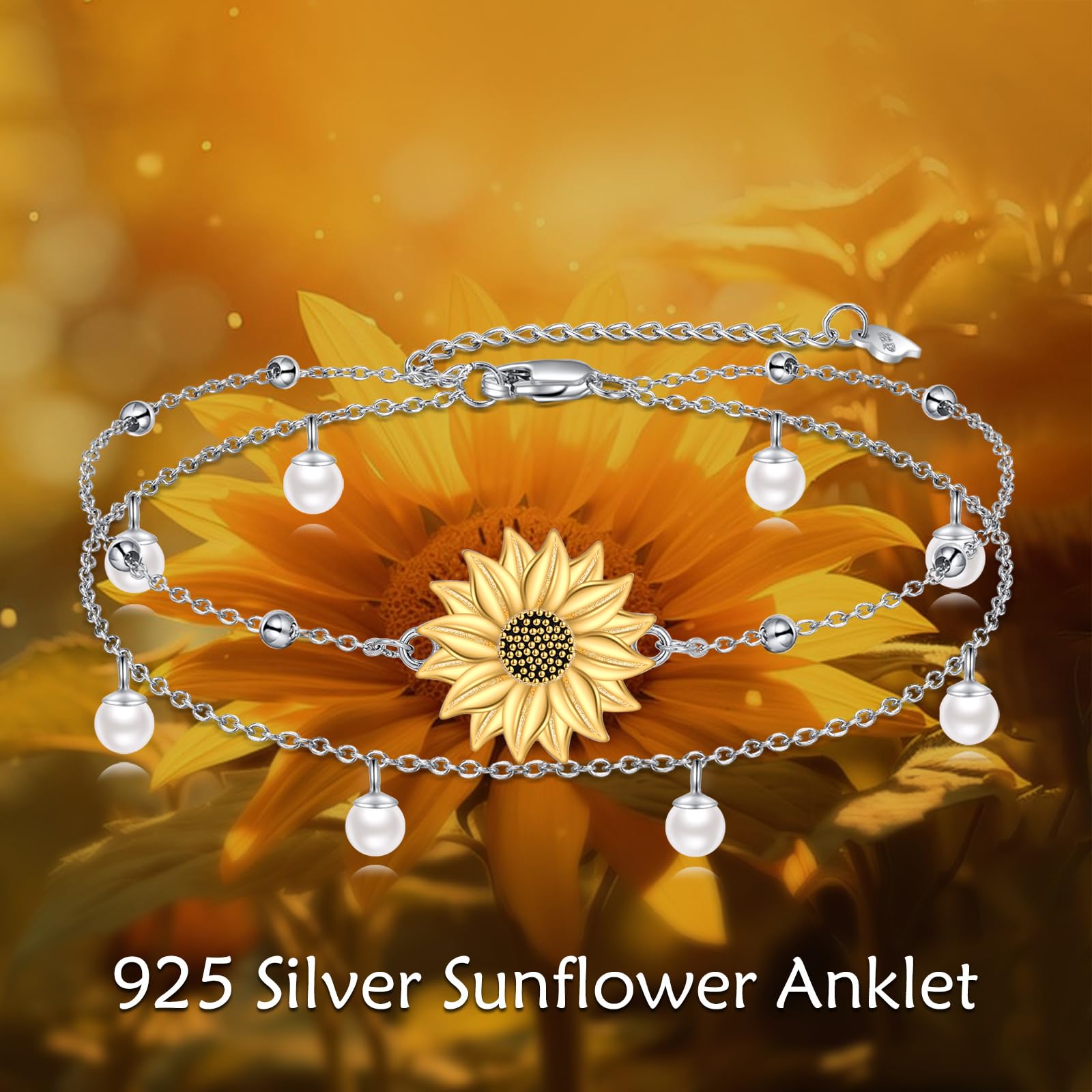 YAFEINI Bracciale/cavigliera a forma di girasole, in argento Sterling 925, con fiore, per donne e ragazze