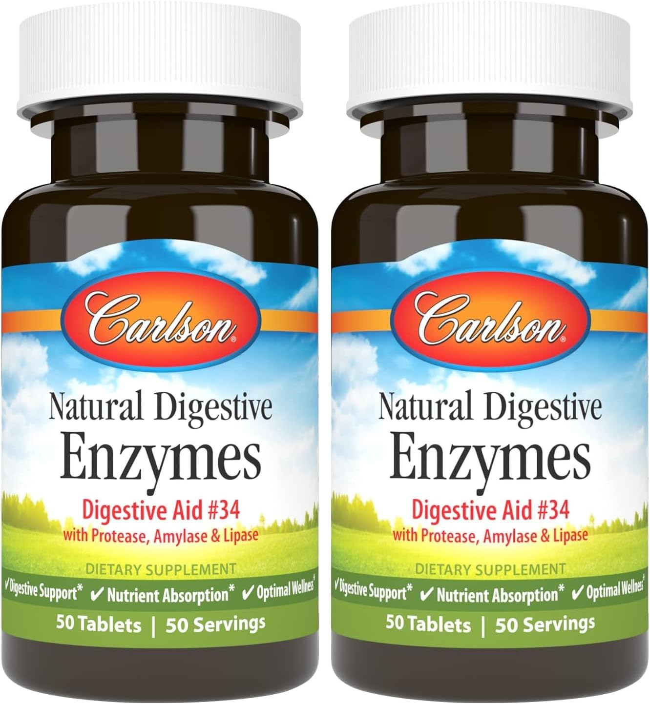 Carlson - Natural Digestive Enzymes, Digestive Aid #34 with Protease, Amylase & Lipase, Digestive Support, Nutrient Absorption & Optimal Wellness, 50 Tablets (Pack of 2)