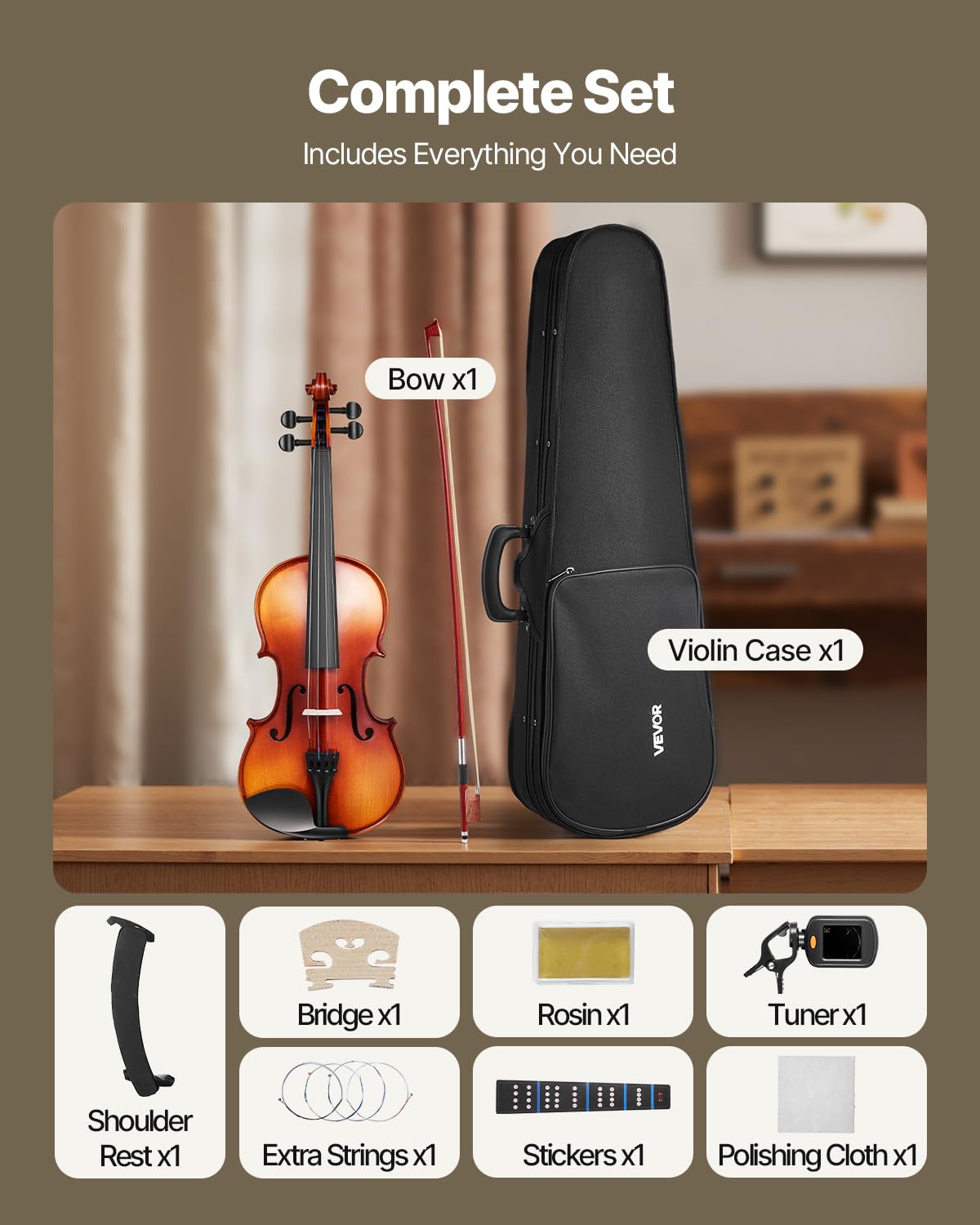 VEVOR Violon 4/4, Kit Violon Débutants Bois Massif avec Étui, Colophane, Archet, Épaulière, Chevalet, Cordes Rechange, Instrument Musique Professionnel pour Étudiants, Adultes, Marron Brillant Motif