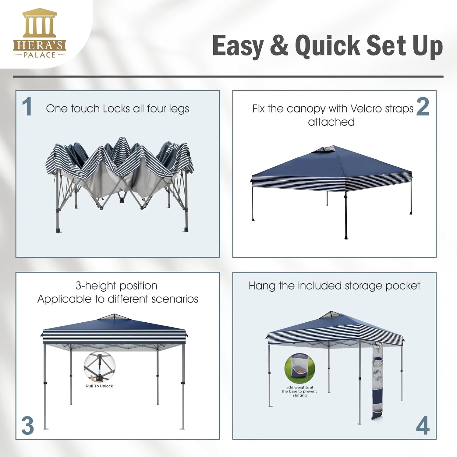HERA'S PALACE 10x10ft Pop Up Canopy Tent Portable Outdoor Shelter with 4 Weight Bags Heavy Duty Event Tents for Backyard, Bench, Garden, Blue