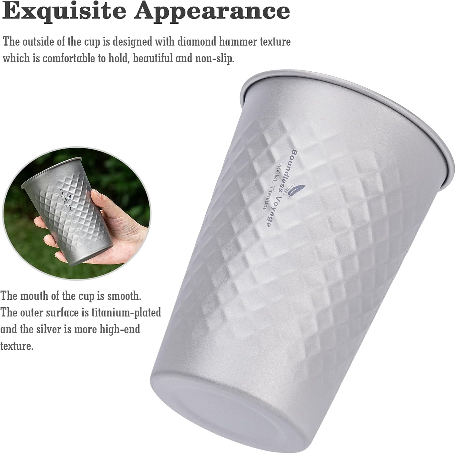 Boundless Voyage Titanium Beer Cup Premium Metal Drinking Cups Reusable Juice Cup Suitable for Home, Party, Camping, Outdoor (450ml (matt))