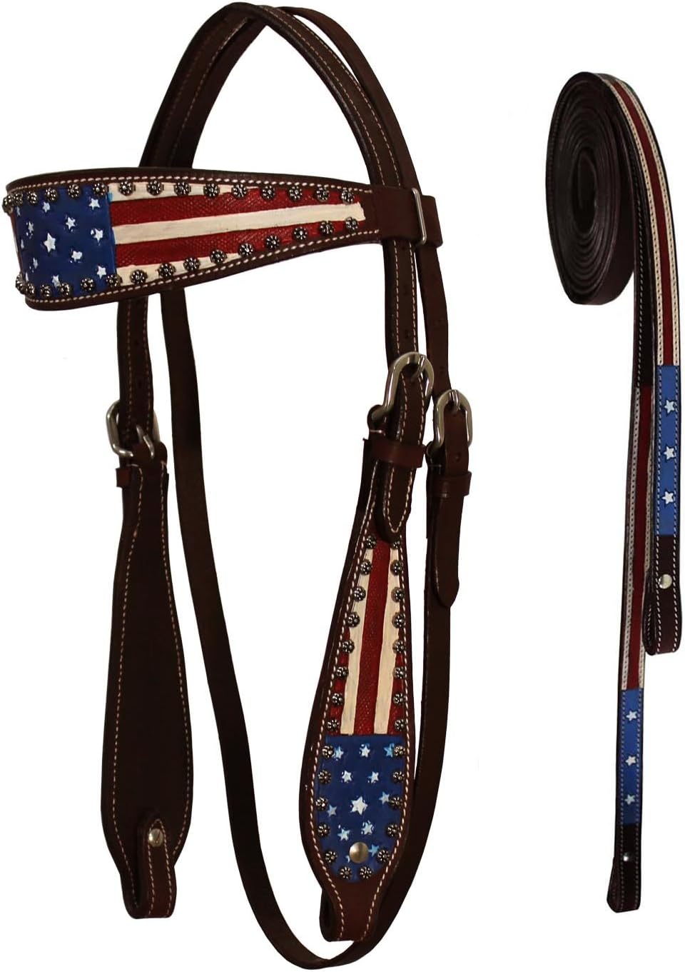 Tahoe Western Patriotic American Flag Browband Horse Headstall with Reins (Pony)