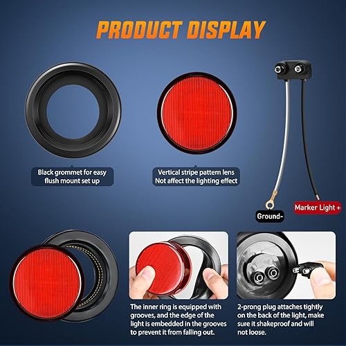 Miniatura 4 de Nilight Luz de marcador redonda de 2.5 pulgadas, 4 luces rojas de 13 LED, montaje empotrado con enchufe, ojal, coleta, cableado, cumple con DOT para