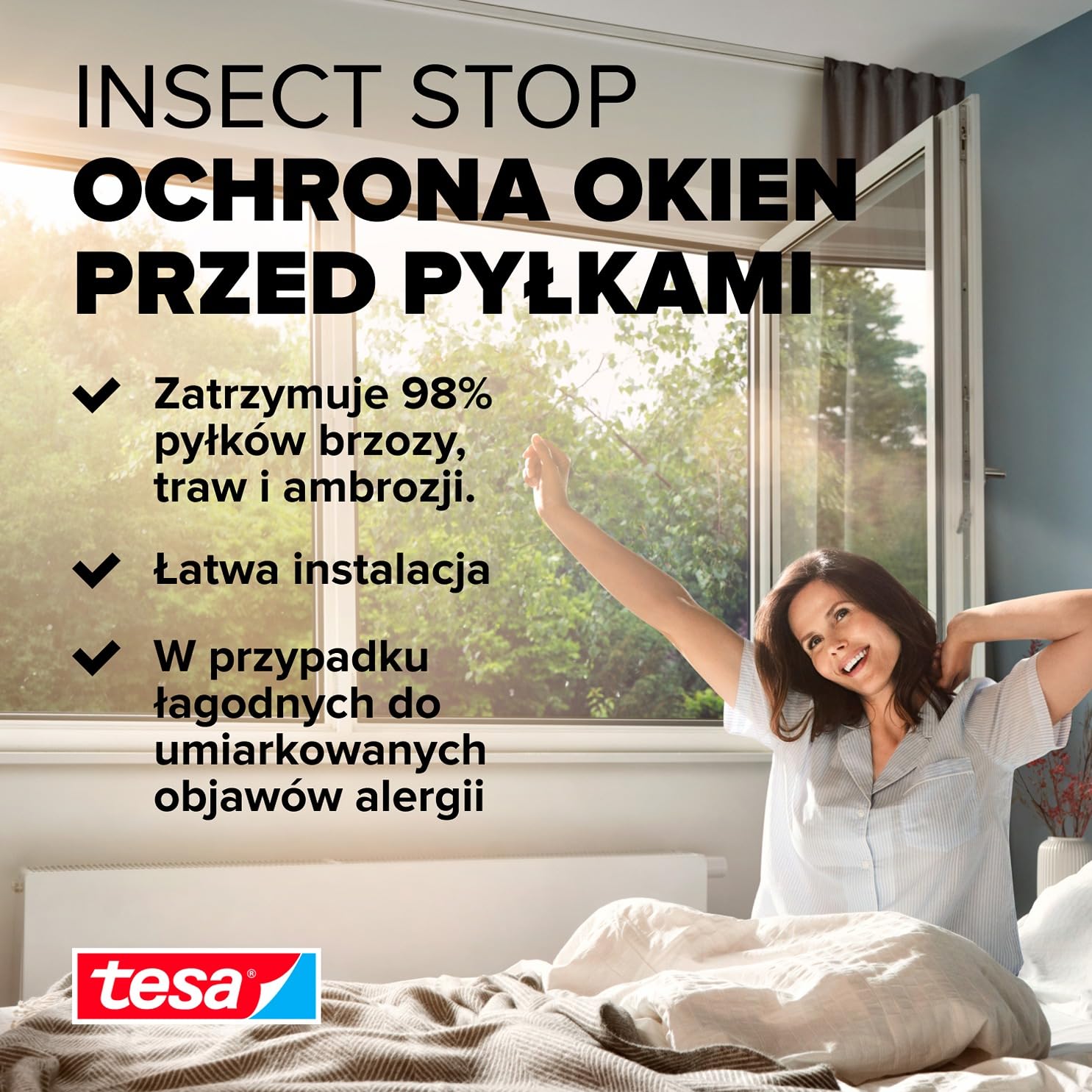 tesa INSECT STOP 2-in-1 Pollen and Fly Screen Premium - przycinany na wymiar, przezroczysta ochrona przed pyłkami, taśma samoprzylepna, antracyt - 150 x 180 cm