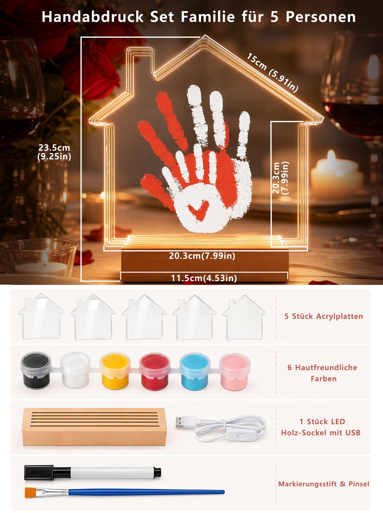 Zestaw rodzinnych odcisków dłoni z lampką nocną LED, zestaw dla całej rodziny z 5 płytami KM, zestaw do odciski dłoni dla par, drewniane ramki do majsterkowania, na prezent, kształt domu