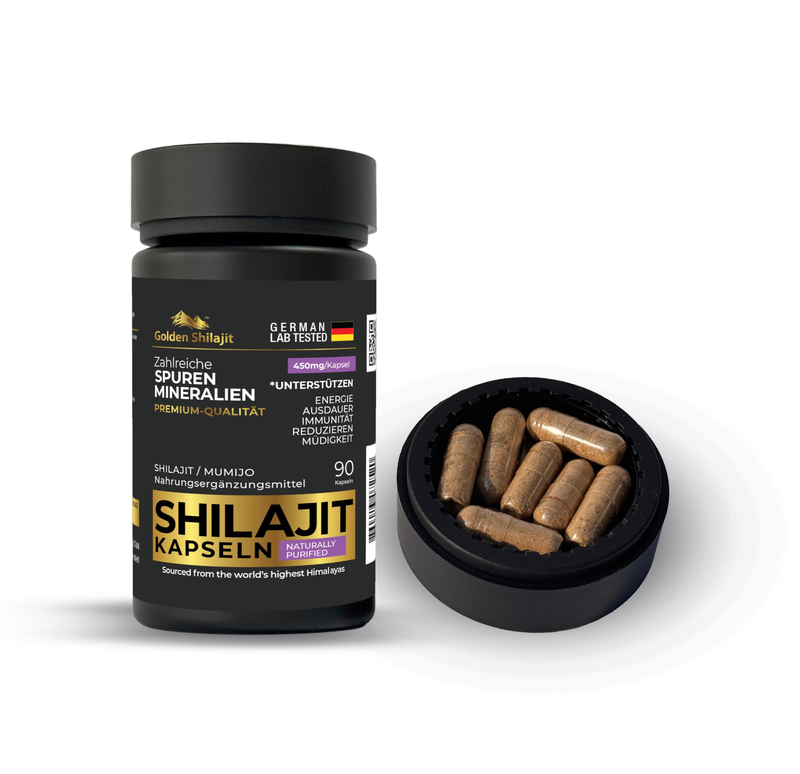 Goldene Shilajit-Kapseln 450 mg 90 Kapseln (3-Monats-Vorrat) Mumijo mit über 85 Natürliche Mineralien mit Fulvinsäure & Huminsäure Natürliche Energie und Vitalität, Pflanzlich, Laborgeprüft