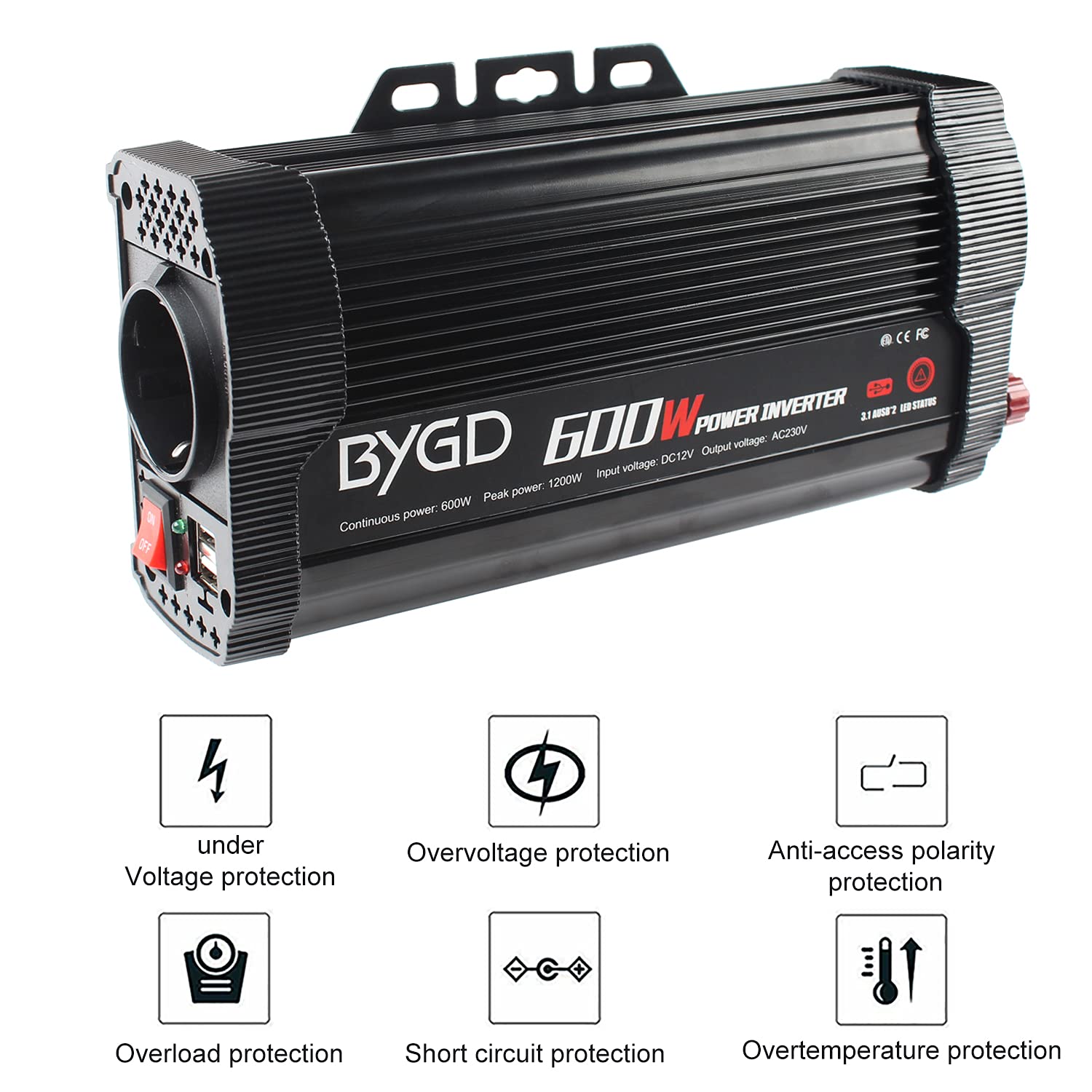 BYGD 600W Inverter Potenza, Invertitore Potenza Auto 12V a 230V USB 1 Prese AC, Convertitore Potenza per Auto/Camper/Barca a Onda Sinusoidale Invertitore di Tensione Modificata