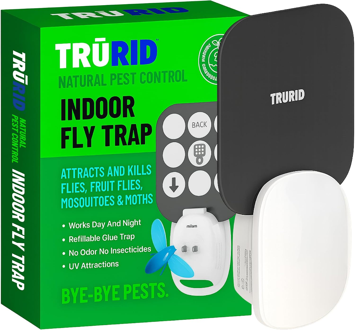 Fly Trap Indoor and Fruit Fly Traps for Indoors with UV Light Reusable Bug Killer for House Flies, Gnats, Moths & Flying Insects 1 Device & 3 Glue Cards