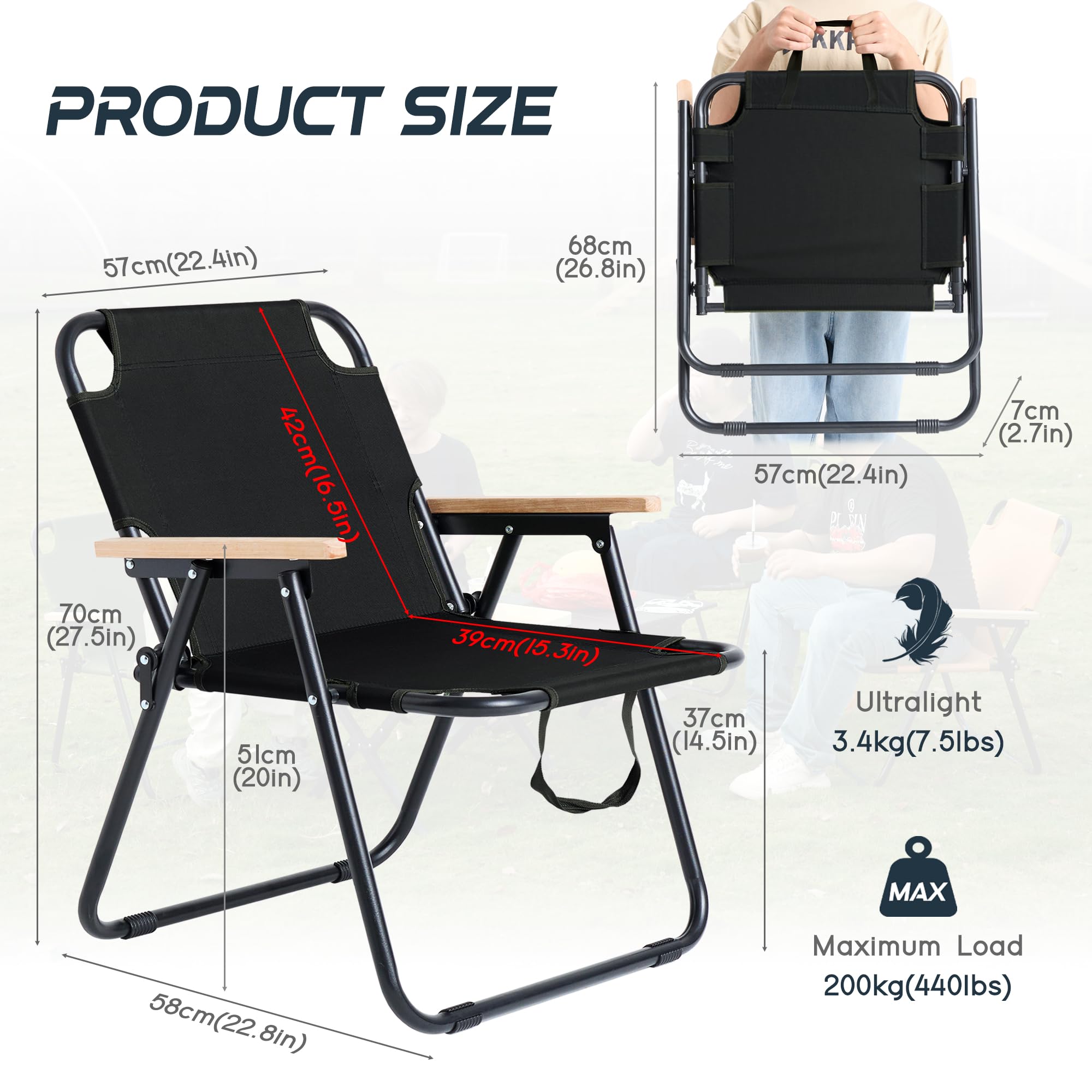 Chaise Camping Pliante Confortable, Chaise de Camping Pliable 200kg, Fauteuil Pliant Portable avec Accoudoirs, Fauteuil de Peche Chaises de Plage, pour Jardin Exterieur Terrasse Pique, Noir