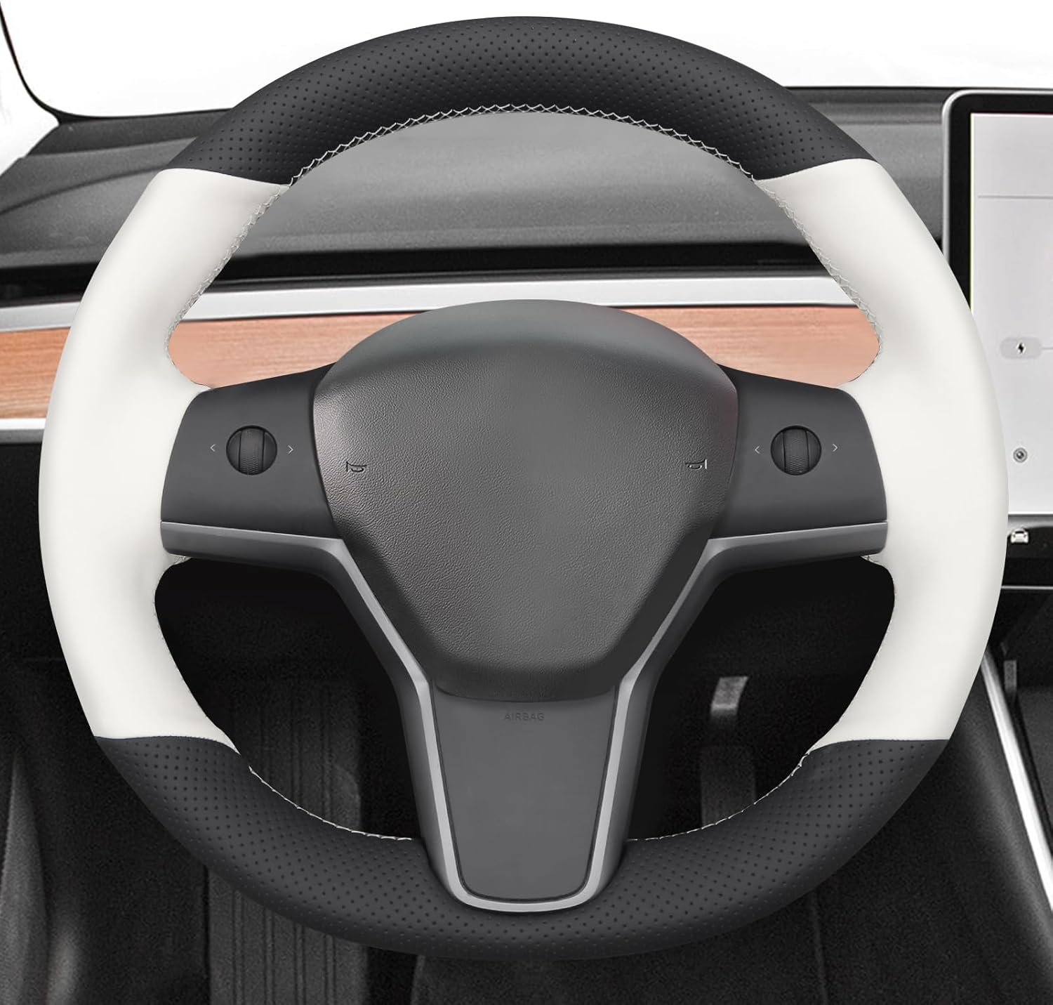 MEWANT Stitching Black White Faux Leather Steering Wheel Cover for Tesla Model Y Model 3 Steering Wheel Wrap Accessory