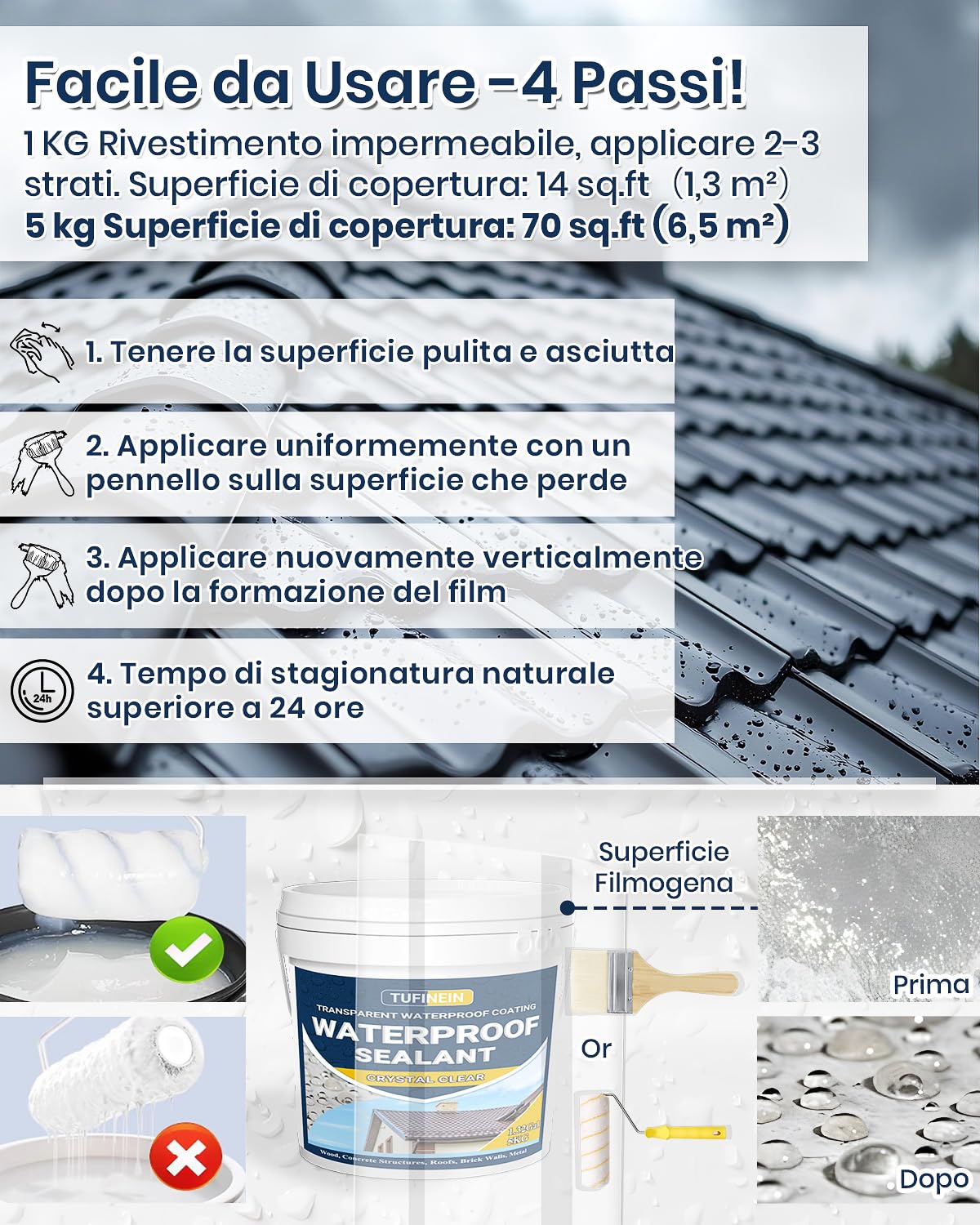 Sigillante Impermeabile Liquido 5KG, TUFINEIN Rivestimento Impermeabile Trasparente Impermeabilizzante Trasparente Guarnizione di Perdite, Interno ed Esterno Colla Impermeabile