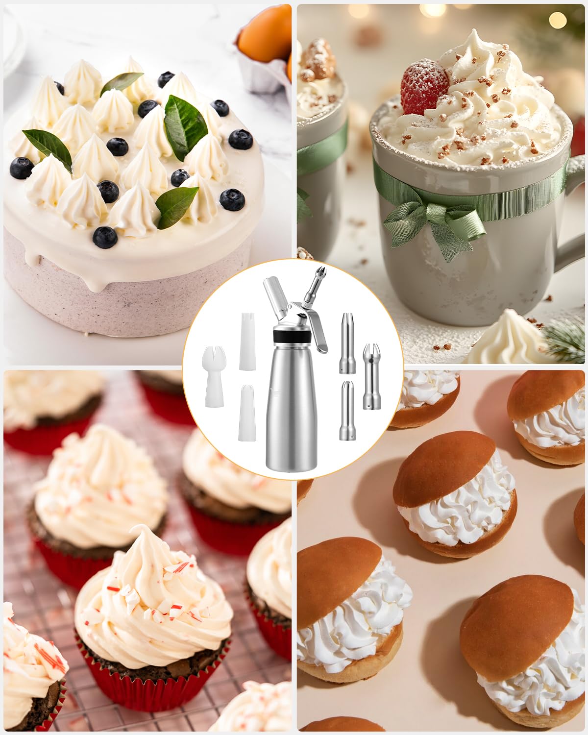 500ml Sahnespender, Sahnespender aus Aluminium, Sahnesyphon mit 3 Edelstahl Deko Düsen, 3 Kunststoffe Deko Düsen, 1 Kapselhalter, 1 Reinigungbürste und 1 Synopsis, für Schlagsahne, Creme, Mousse