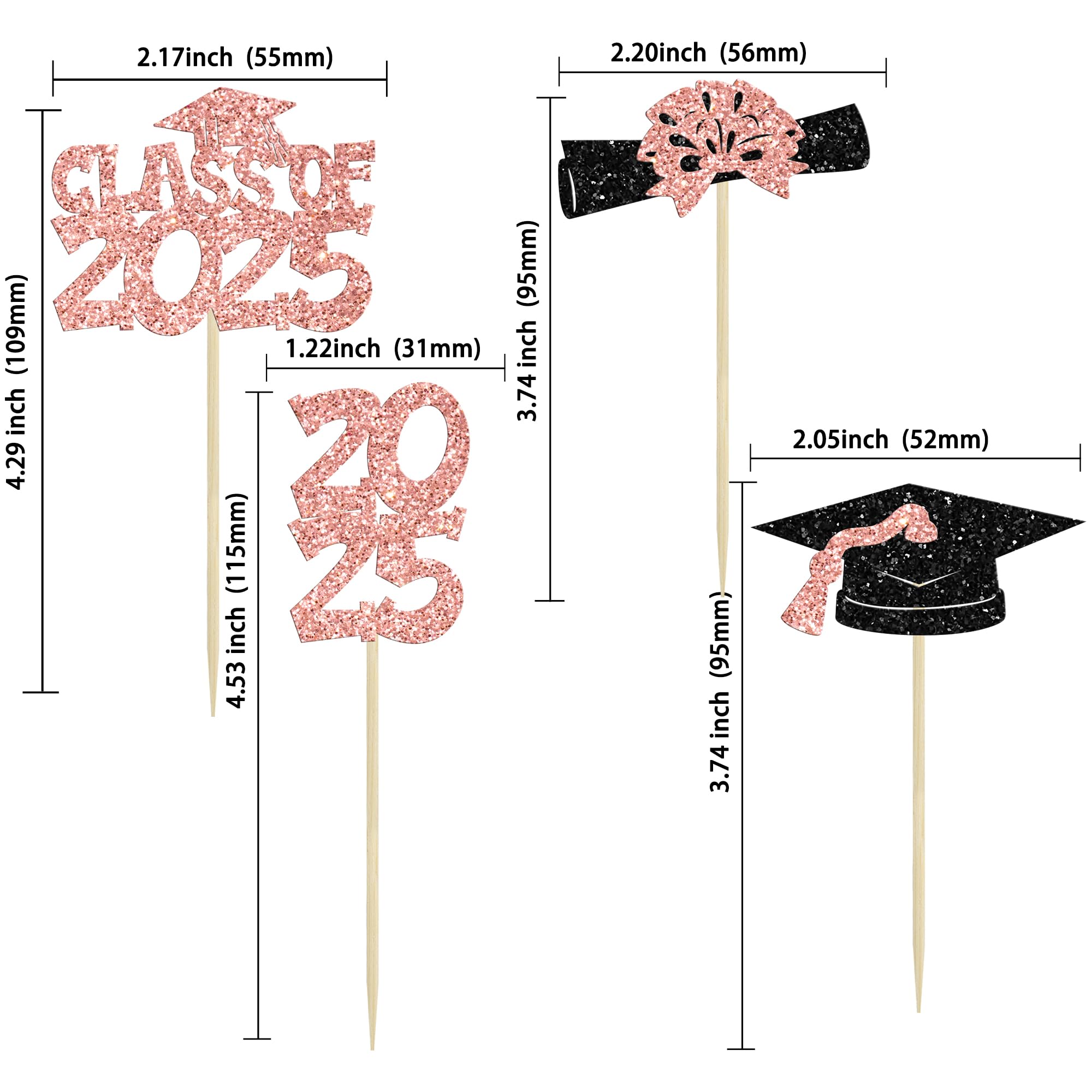 Ephlyn 36Pcs 2025 Graduation Theme Cupcake Toppers Glitter Class of 2025 Congrats Grad Diploma Graduation Cap Cupcake Picks for 2025 Graduation Theme Party Cake Decorations Supplies Rose Gold - Image 2