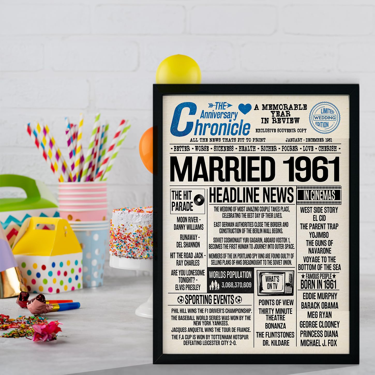 Stuff4 65th Anniversary Poster Framed, Married In 1961 Newspaper - Image 4