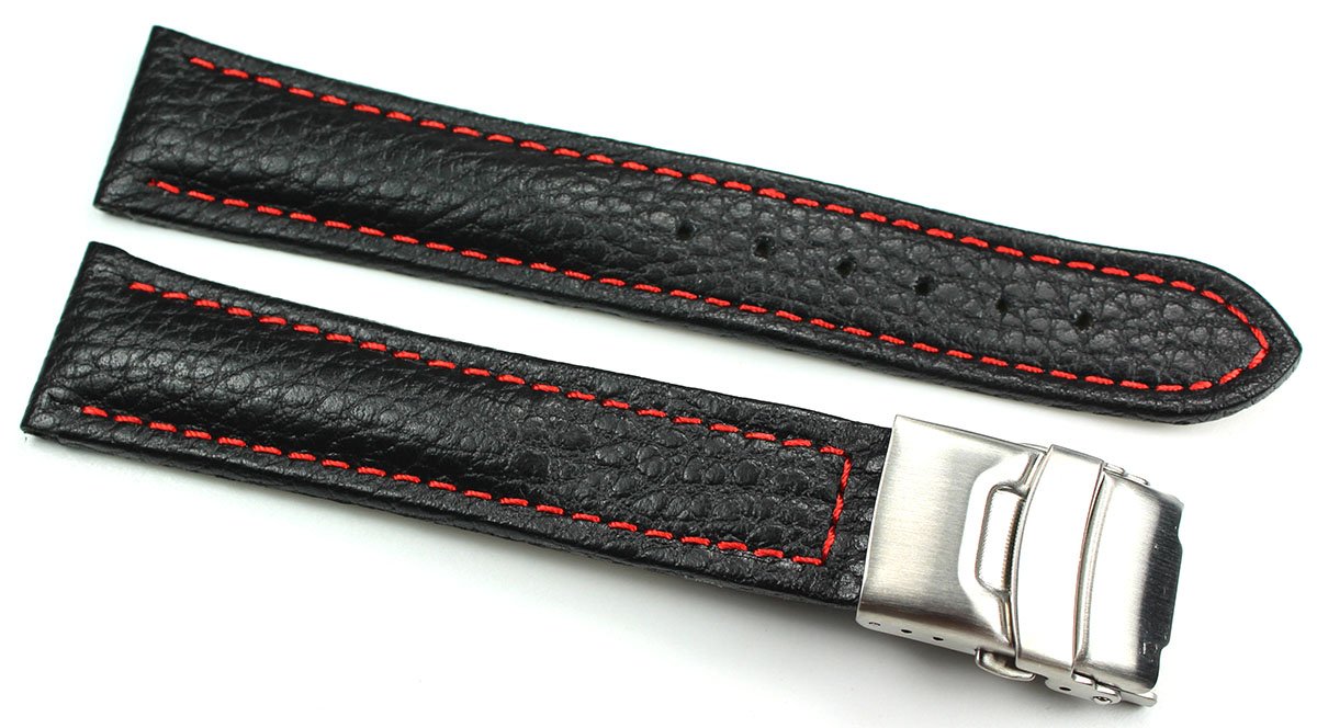 SullaLeather watch bracelet, butterfly, with a folding clasp, stainless steel, 20 mm, black with red stitching