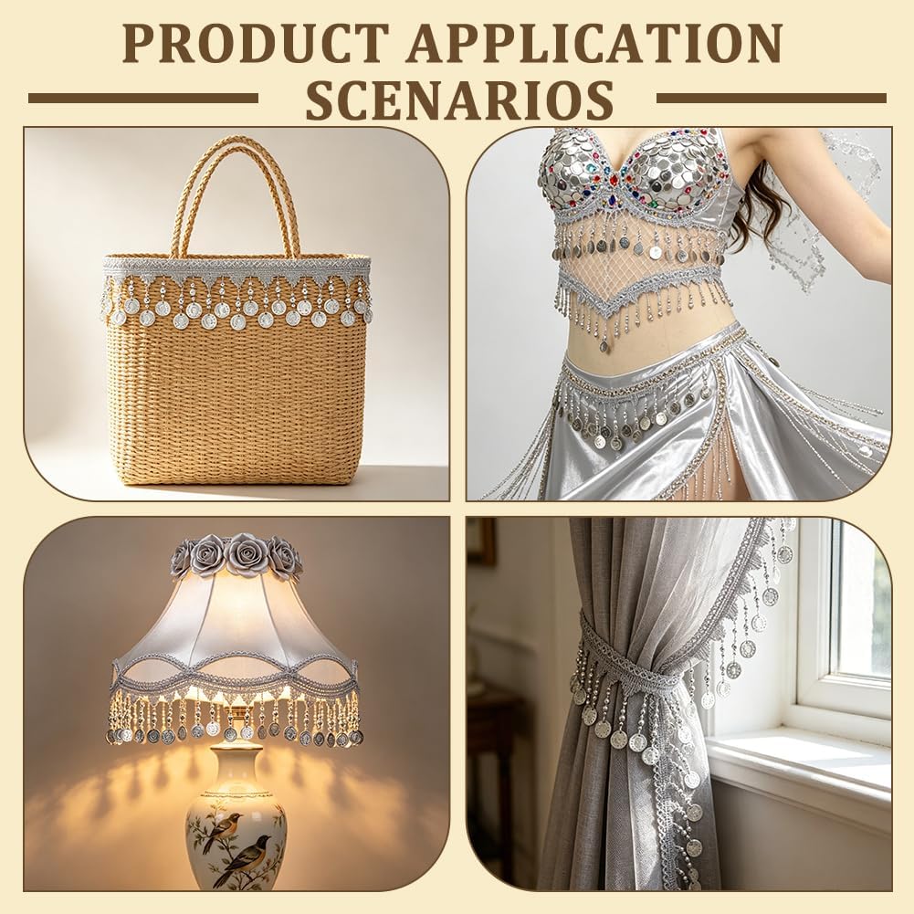BENECREAT 4.9Yard Silver Coin Shape Sequin Tassel Trim, 3.46Inch Width Polyester Sequin Lace Tassel Fringe Trim for Sewing Making Clothes Dresses Dance Craft Costume Party Accessory