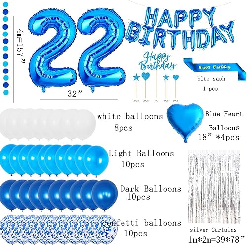 Miniatura 2 de Decoraciones de fiesta de cumpleaños número 22, globos azules de papel de aluminio con el número 22, banda de feliz cumpleaños, decoración de pastel