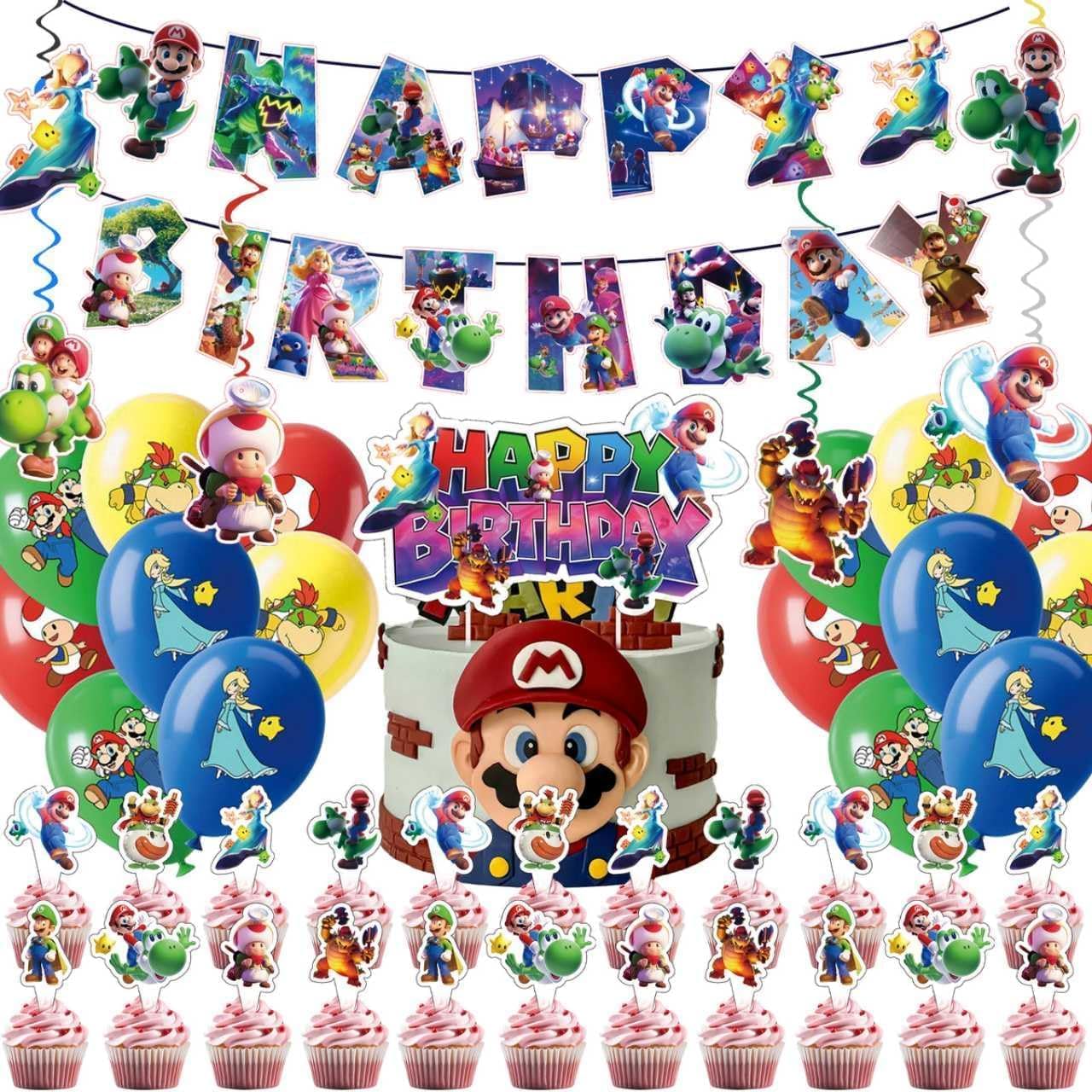 48アイテムセット マリオモチーフの誕生日パーティー用品，誕生日バナー、風船、ペンダント、カップケーキを組み合わせたデコレーションセット、男女兼用 簡単設置可能