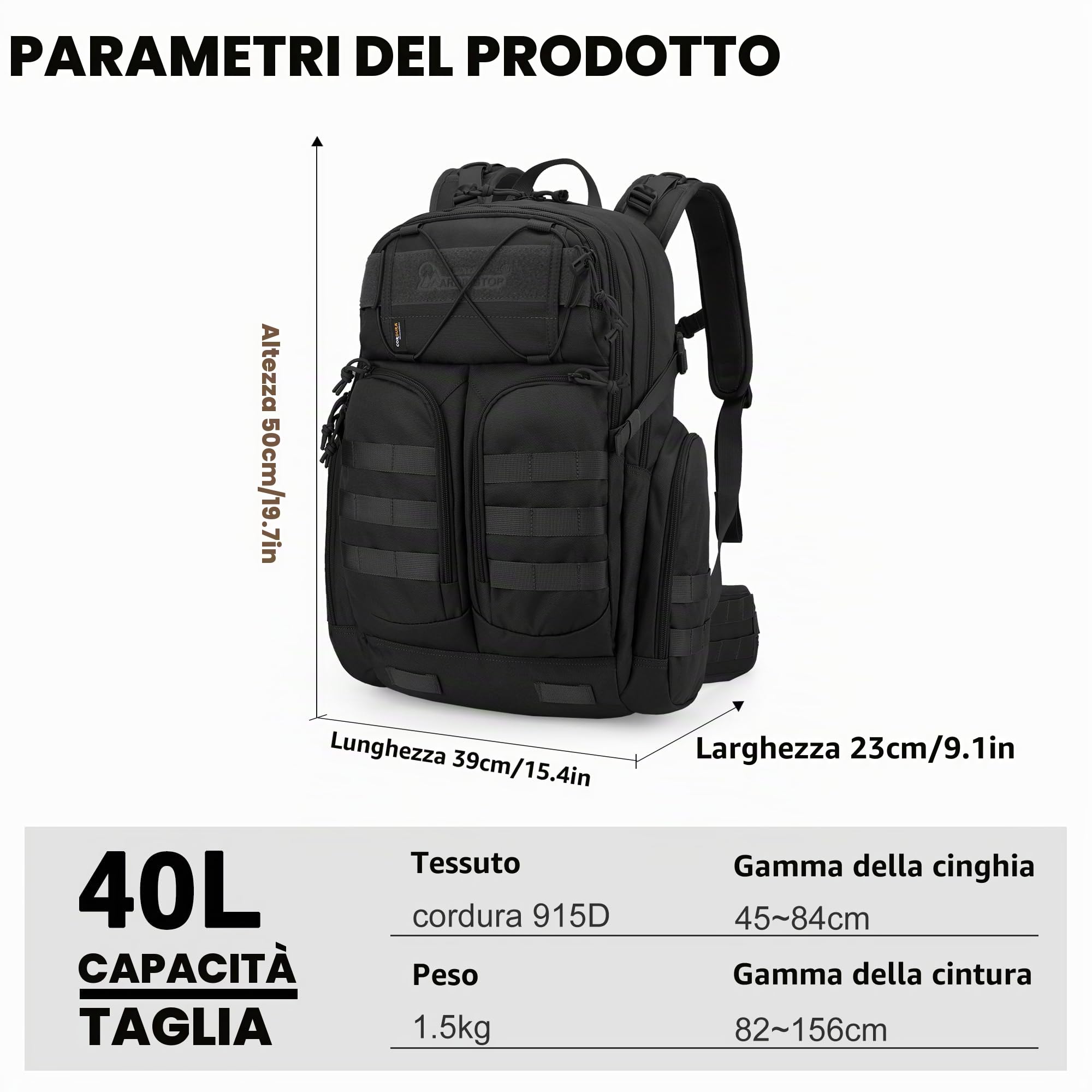 Mardingtop Molle, zaino militare da 40 l, zaino tattico per esterni, zaino in cordura, per escursioni, alpinismo, sopravvivenza