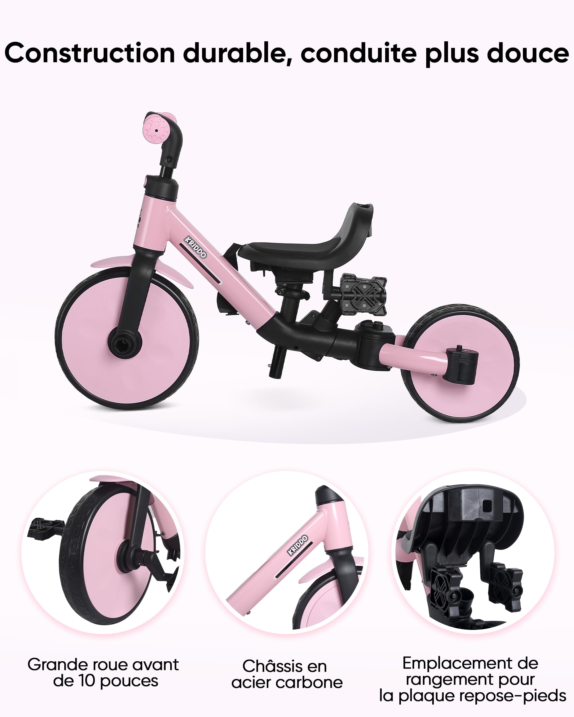 KRIDDO Tricycle évolutif 8-en-1 pour Enfants de 18 Mois à 5 Ans, avec poignée parentale, Modes Tricycle et draisienne, Harnais de sécurité à 5 Points, Capote Pliable et Sac de Rangement, Rose
