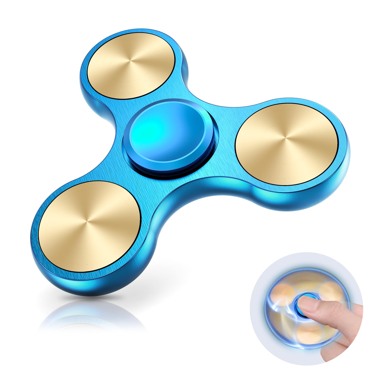 Aolcev Fidget Spinner Metal Fidget Toy Stainless Steel 4-10 Minutes Fast Bearing Spins Hand Spinner Tri Finger Gyro Toy ADHD EDC Anxiety Stress Relief Toys Gifts for Kids Adults-Gold Blue