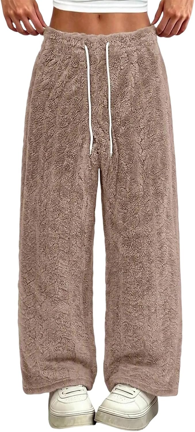 Womens Sherpa Fleece Wide Leg Pants Drawcord Waist Warm Trousers