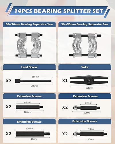 Vista 8 de Juego de 14 extractores separadores de rodamientos, resistente capacidad de 5 toneladas, kit de extractor de rodamientos de 2" y 3