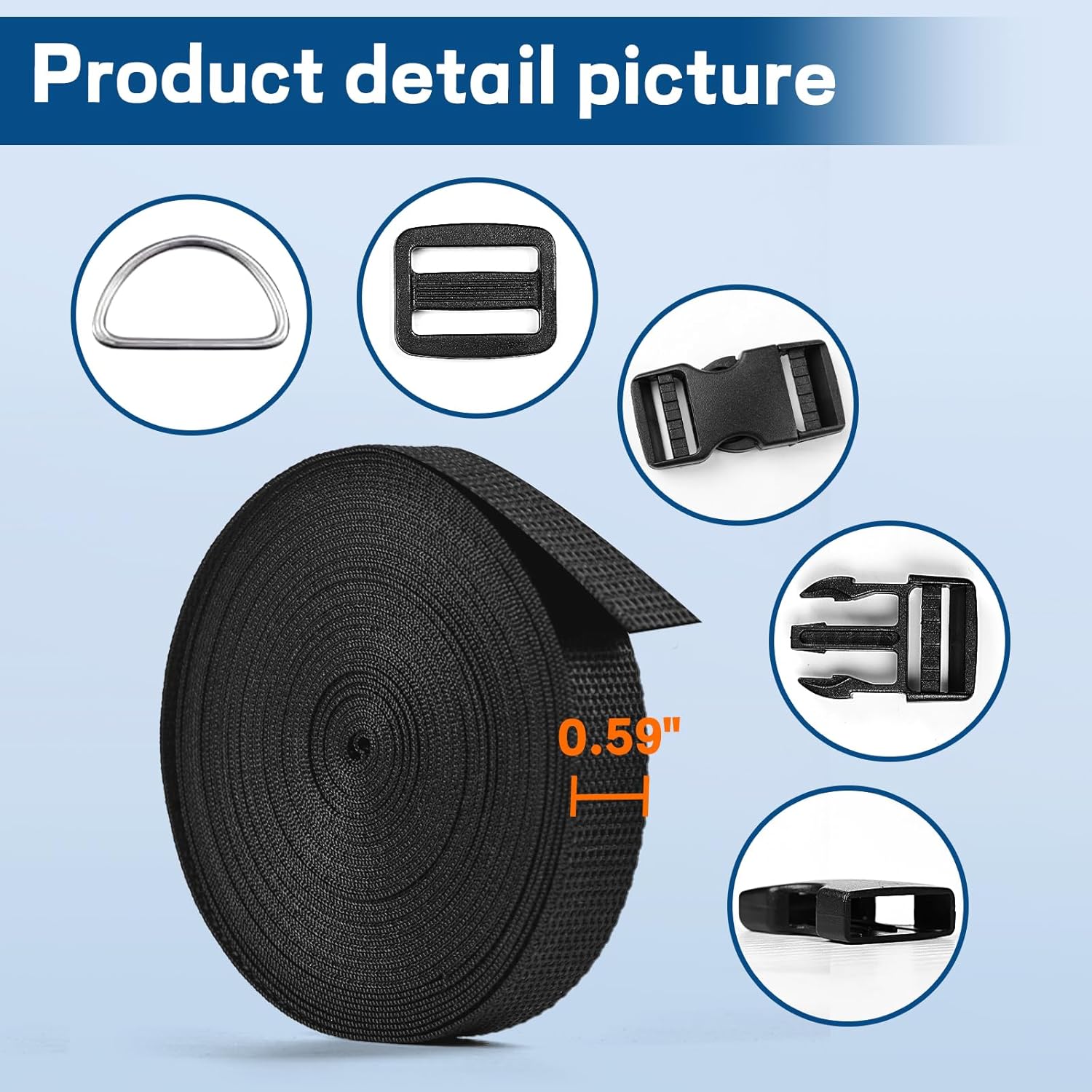 5/8" Buckles and Straps Set: 10 Yards of Thick Nylon Webbing, 10-Pack Quick Side Release Adjustable Plastic Buckles, 20 Tri-Glide Slide Clips 10 Metal D Rings (5/8 Inch Combo Set) - Image 4